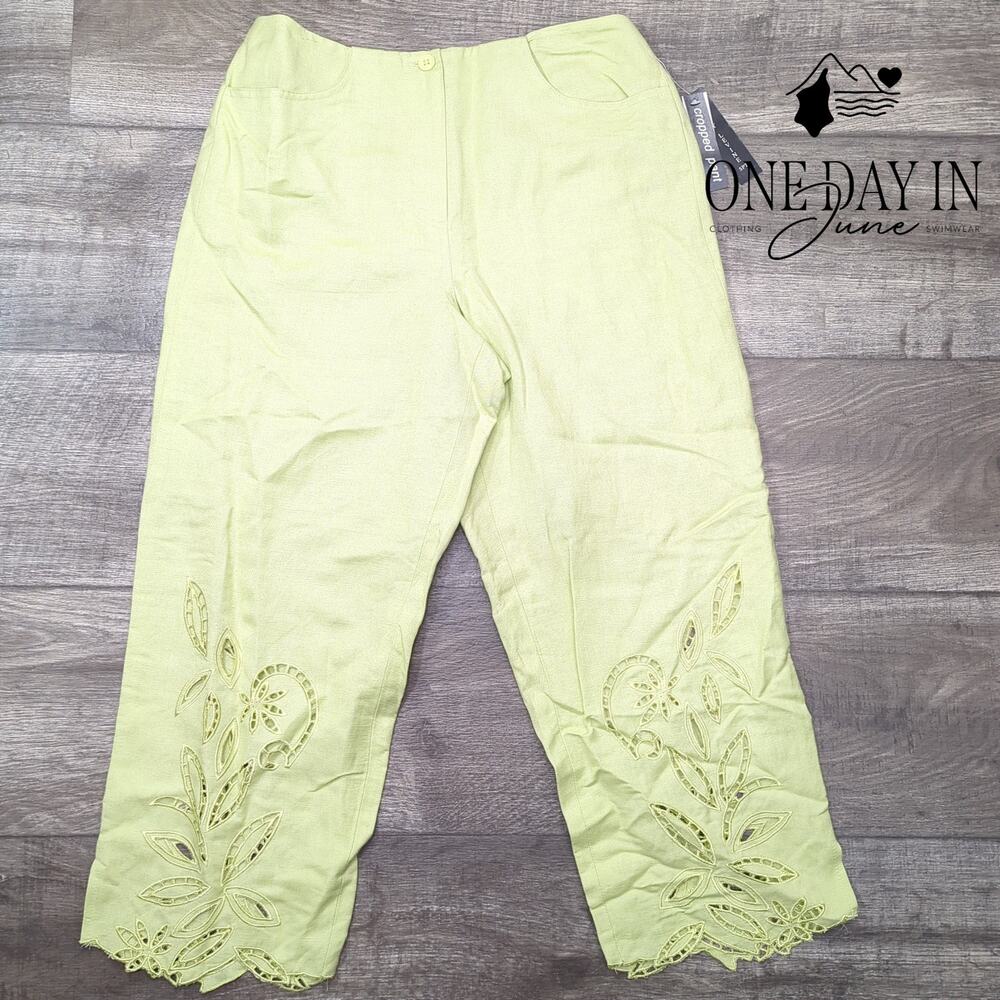 Larry Levine Embroidered Linen Crop Pants Green Floral Cutout NWT Size 6